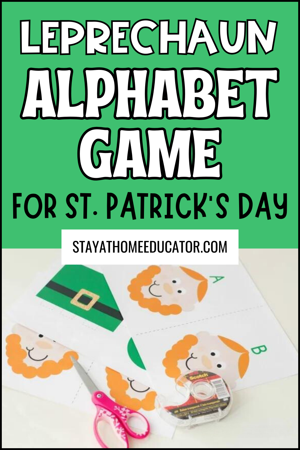 Leprechaun Alphabet Game for St. Patrick's Day | green leprechaun hat made from free template| game cards with leprechaun faces and letters|