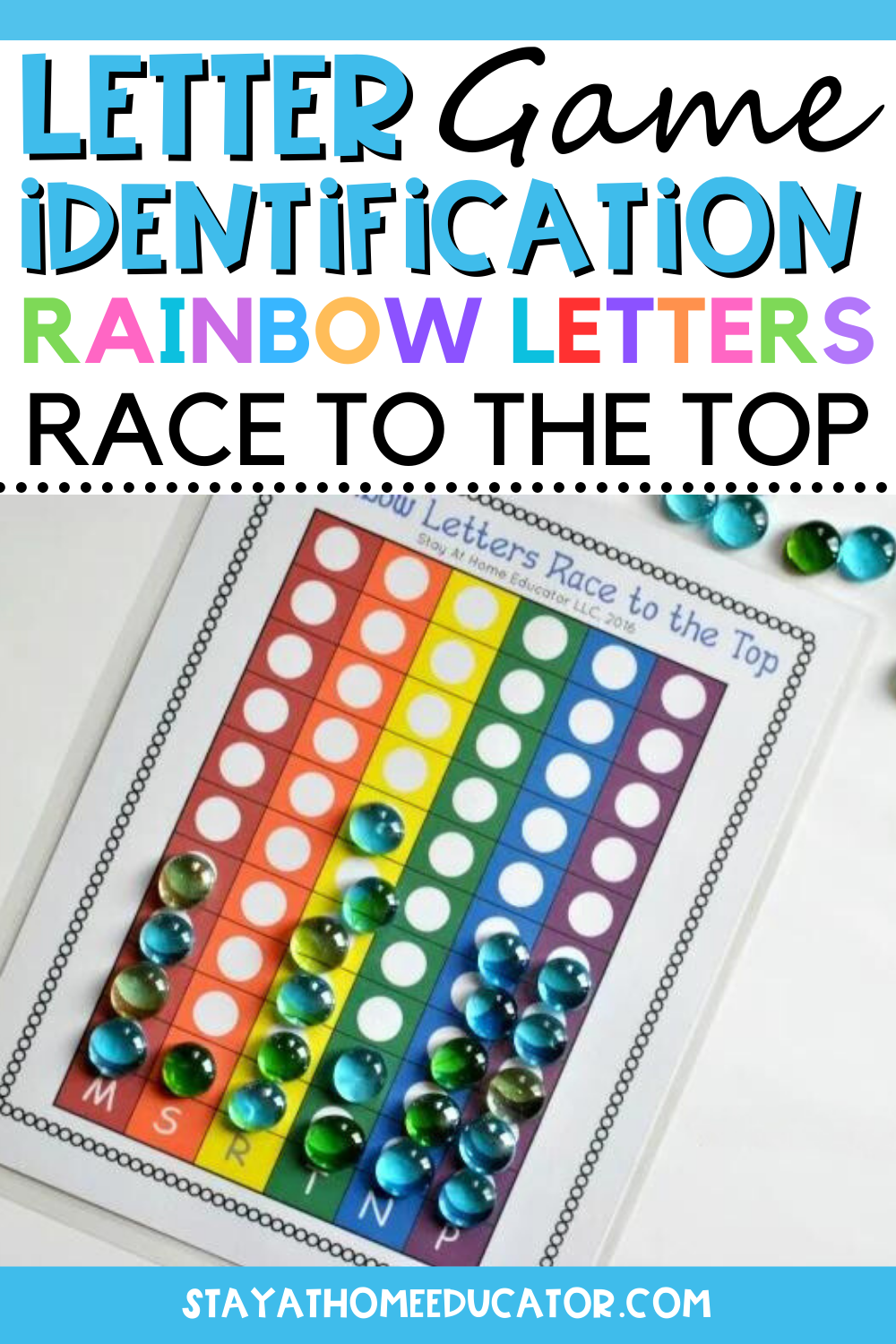 Letter Game Identification Rainbow Letters Race to the Top | rainbow letter graph with alphabet letters on the bottom of the page plus blue gems for graphing totals | letter names and sounds game | preschool letter identification |