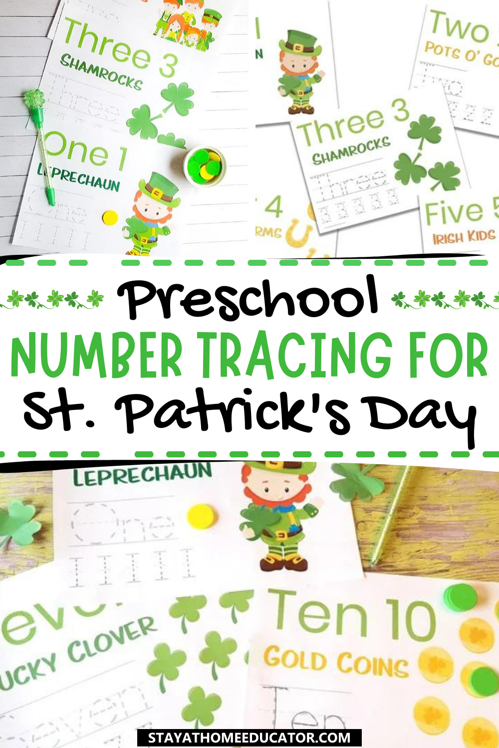 Preschool Number Tracing for St. Patrick's Day | use number worksheets to teach preschoolers number formation, easy tracing activities | worksheets feature written number and numeral for tracing practice