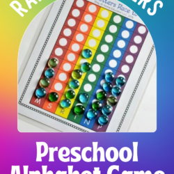 Rainbow Letters Preschool Alphabet Game | rainbow letter graph with alphabet letters on the bottom of the page plus blue gems for graphing totals | letter names and sounds game | preschool letter identification |