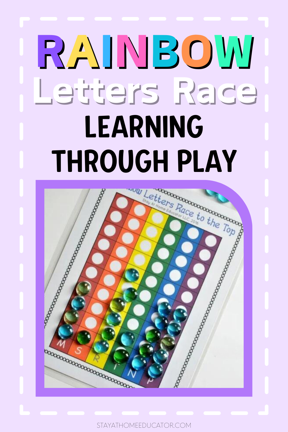 Rainbow Letters Race Learning Through Play | rainbow letter graph with alphabet letters on the bottom of the page plus blue gems for graphing totals | letter names and sounds game | preschool letter identification |
