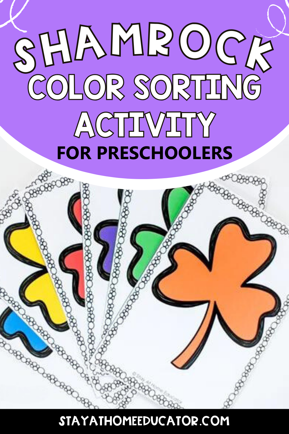 rainbow shamrock color sorting cards in red, orange, yellow, green, blue, and purple to use in St. Patricks Day preschool lesson plans | rainbow theme preschool lesson plans | color sorting activities for preschoolers and toddlers