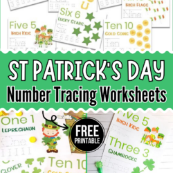 St. Patrick's Day Number Tracing and counting worksheets | teach preschoolers how to write numbers with math worksheets for St. Paddy's day | image of counting worksheets up to 10 with St. Patrick's Day theme