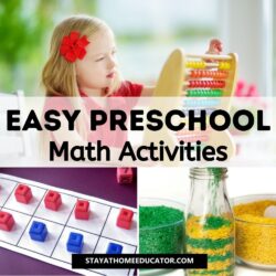 Collage of Easy Preschool Math Activities for Preschoolers: Scooping and Pouring Patterns, Ten-Frame Counting Activity, and a cute little girl learning to count | Interactive learning