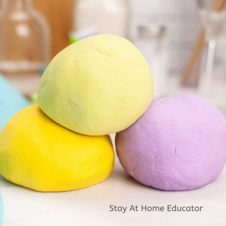 Fun and Quick Playdough Recipe with Vinegar | no cream of tartar playdough | Homemade playdough with vinegar | soft, colorful, and endlessly moldable | perfect for little hands to mold and shape | Three small round playdough, color: yellow, light yellow and purple