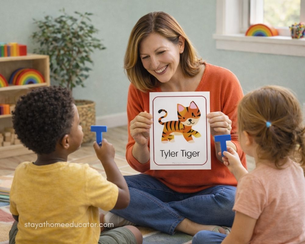 A teacher sits with preschoolers holding a letter card during a small group phonics lesson, supporting letter recognition, sound awareness, and early reading skills through interactive, developmentally appropriate instruction.