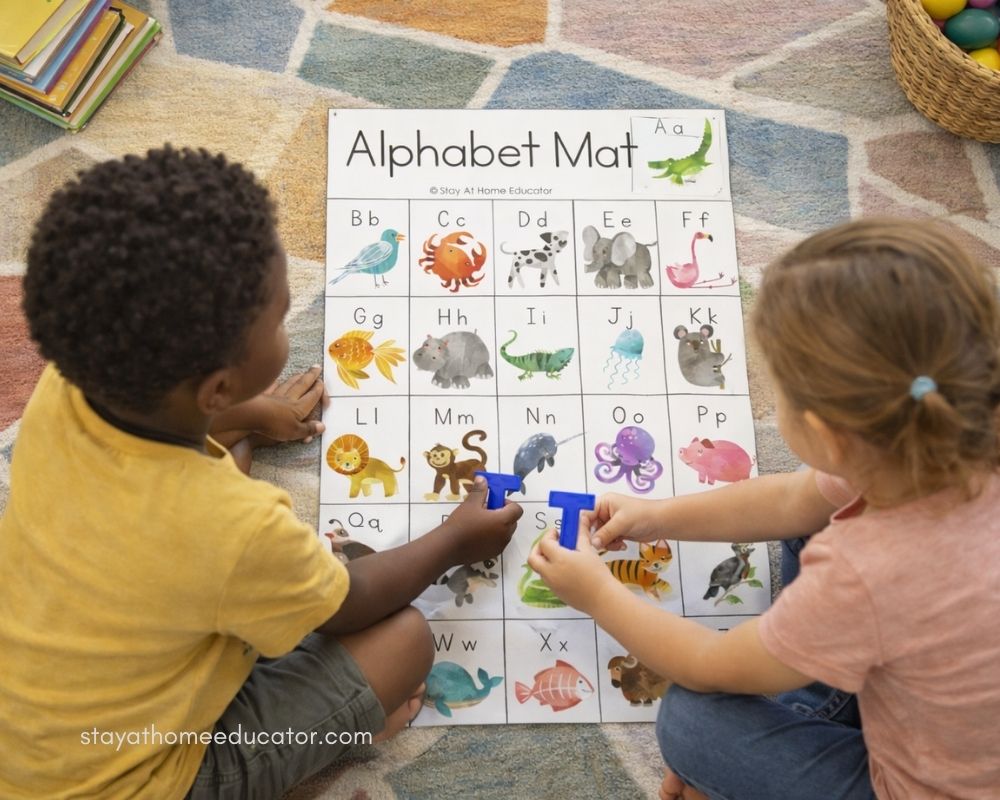 Children sit on the floor using an alphabet mat and letter manipulatives to practice letter recognition through hands-on, play-based learning that builds early literacy skills, engagement, and confidence in preschool learners.