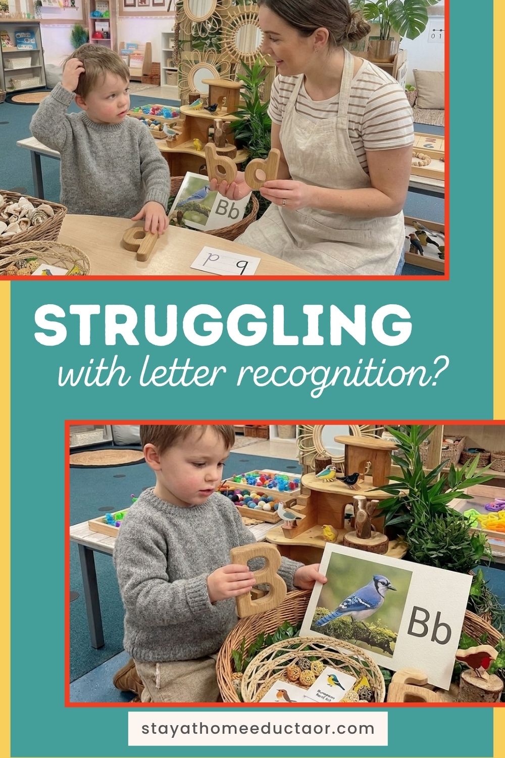 Preschool teacher helps a child practice letter recognition with wooden letters and picture cards, supporting phonics development through hands on learning in a calm, nature inspired classroom setting.