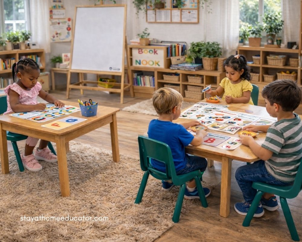 Preschool children seated at small tables working on letter recognition activities with alphabet mats and manipulatives in a bright early childhood classroom.
