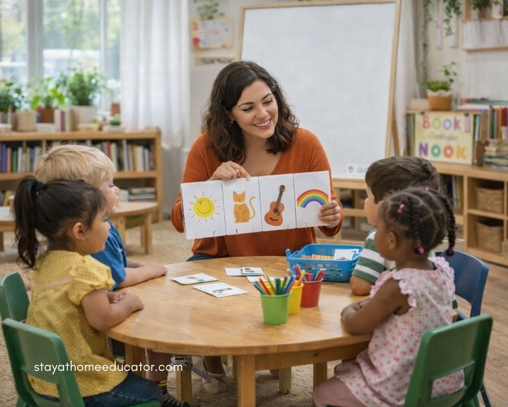 Preschool teacher holding picture cards with simple images while leading a phonological awareness activity with four children seated around a small classroom table.