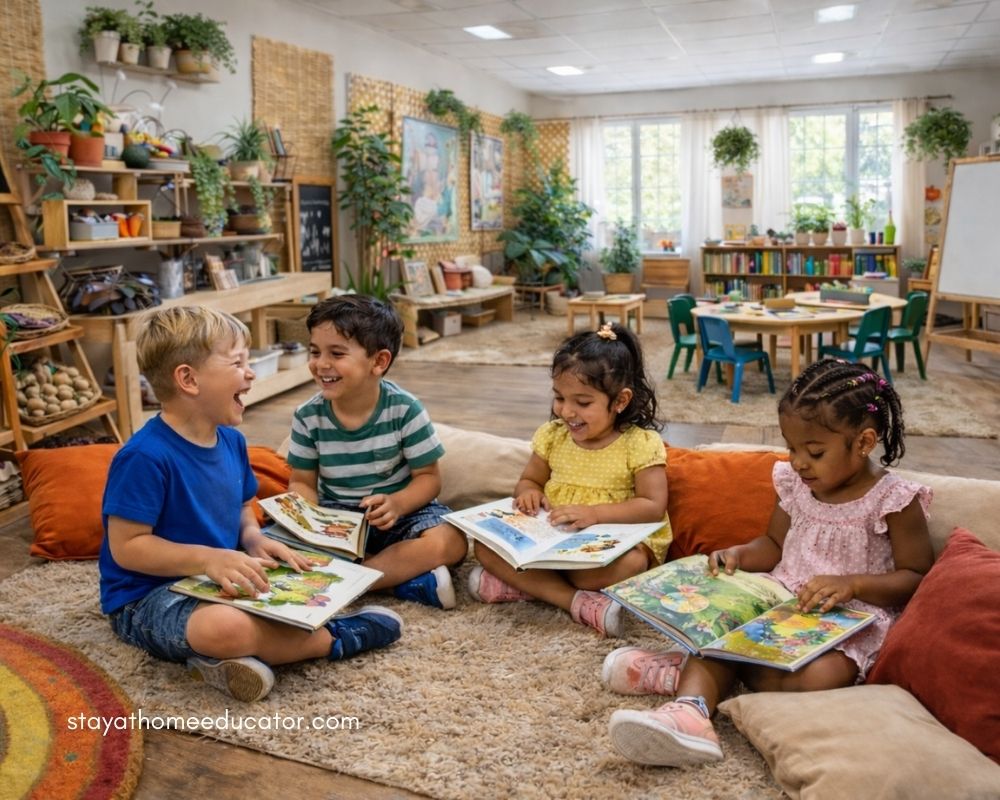 Four preschool children sitting on a classroom rug reading picture books together during a science of reading early literacy activity in a bright learning environment.