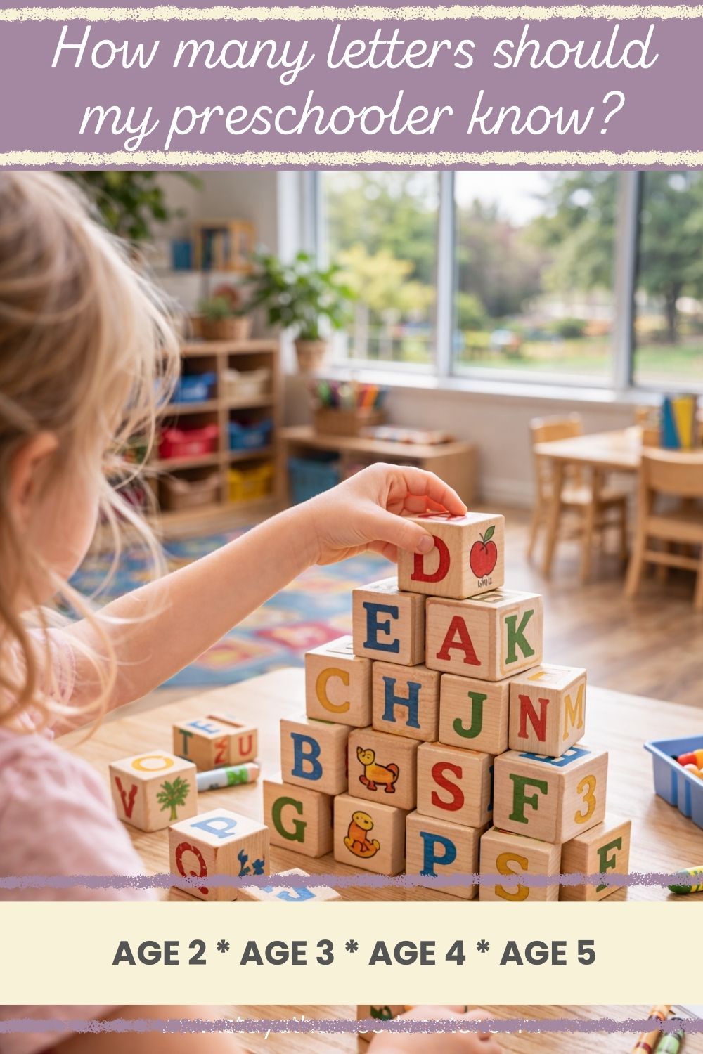 Preschool child stacking wooden alphabet blocks into a tower on a classroom table, exploring letter recognition and early literacy skills in a bright preschool setting with natural light.